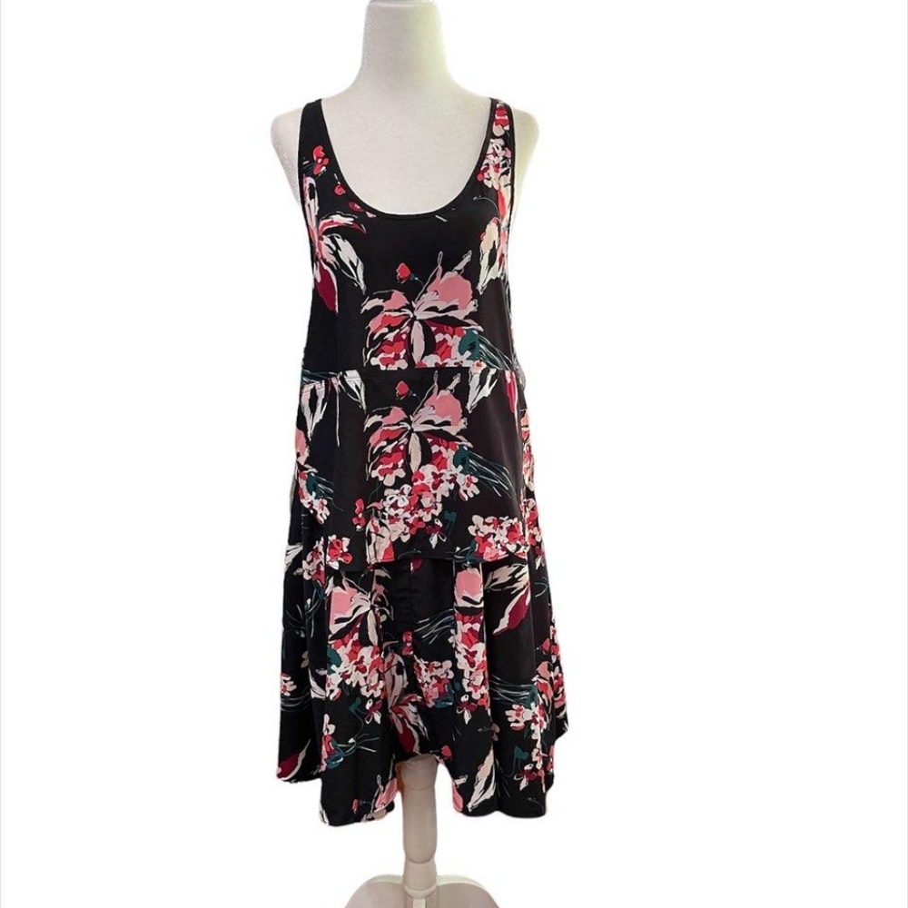 DEREK LAM 10C X ATHLETA Black Floral Print Knee-Length Tent Dress Size Med